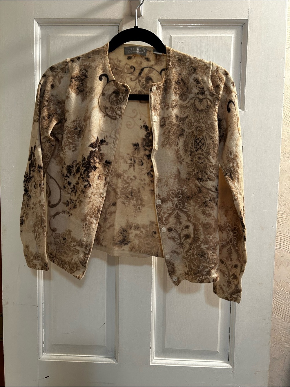 Kate Hill Cream and Brown Floral Button-Up sweater